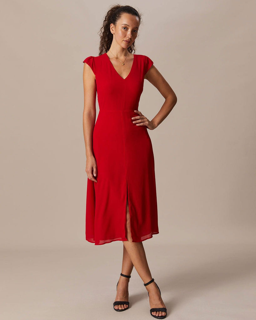 The V-Neck Backless Dress Red Dresses - RIHOAS