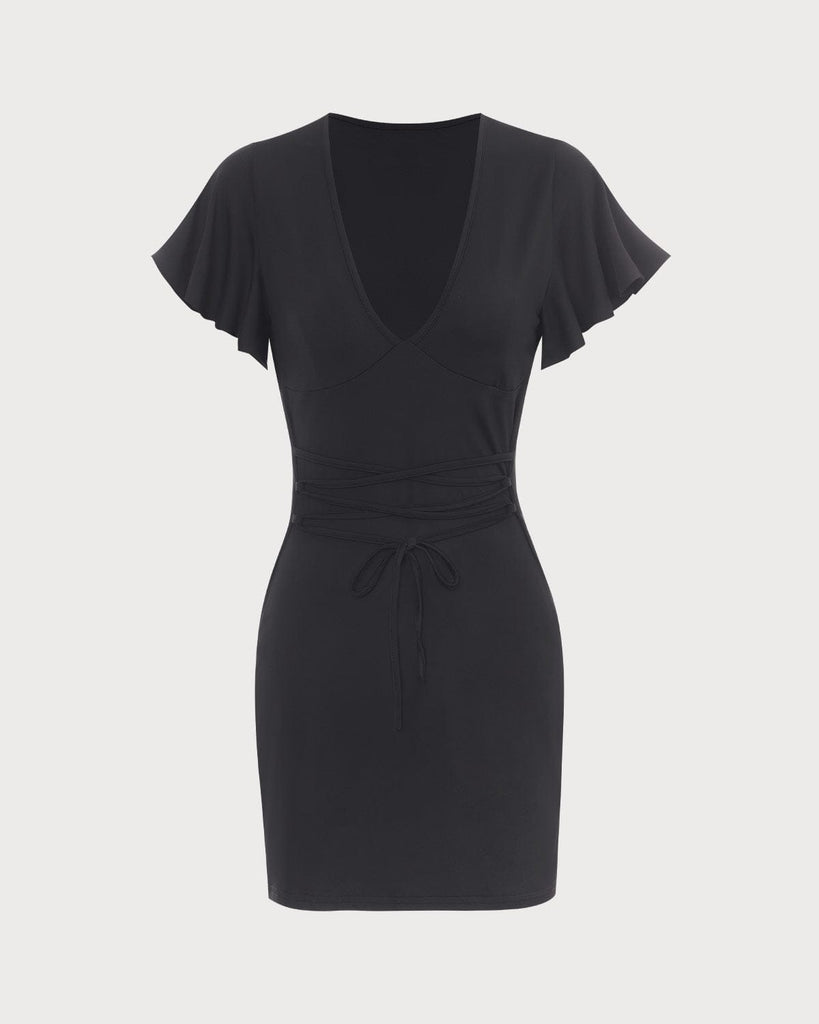 The V-Neck Butterfly Sleeve Mini Dress Black Dresses - RIHOAS
