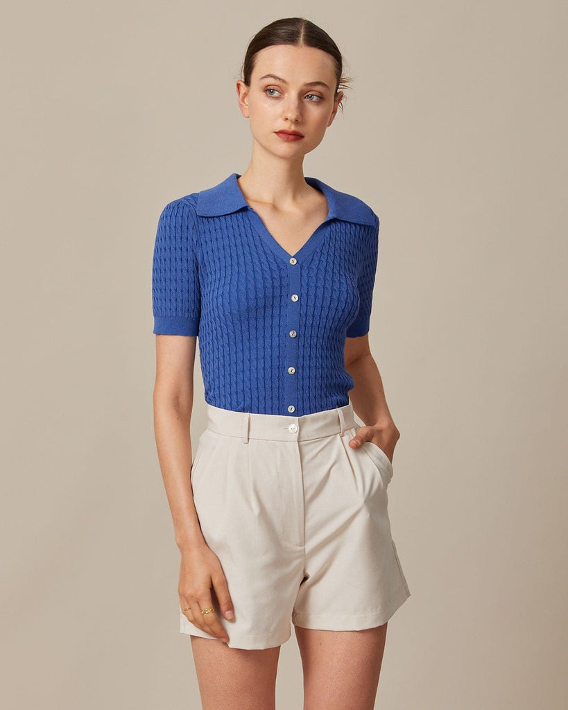 The V-Neck Button Knit Top Navy Tops - RIHOAS