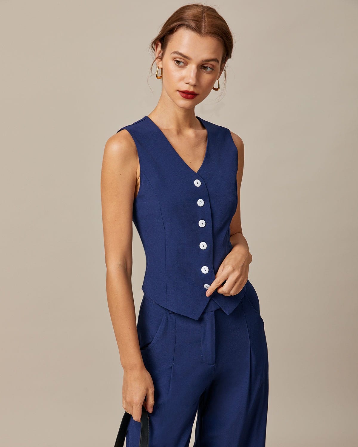Star Vixen Women's Sleeveless Button-Front Tank Top – Flowy Pleated Detail For Work & Casual Wear (Navy)