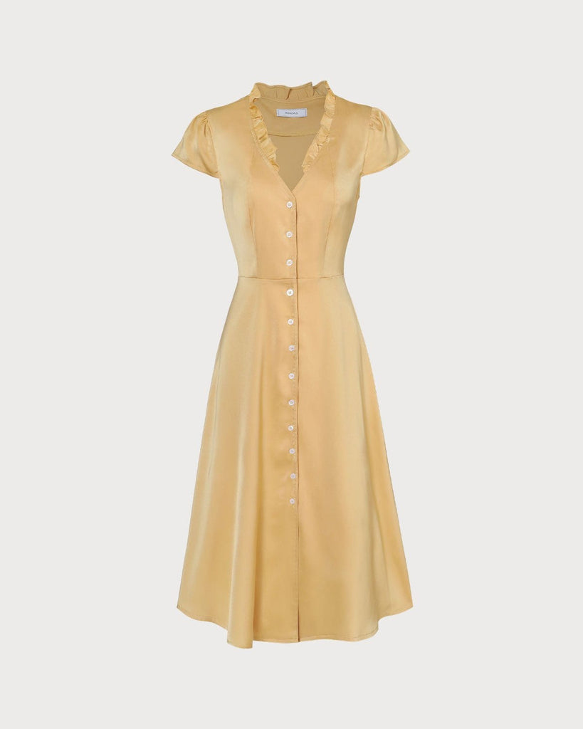 The V-Neck Cap Sleeve Ruffle Midi Dress Yellow Dresses - RIHOAS