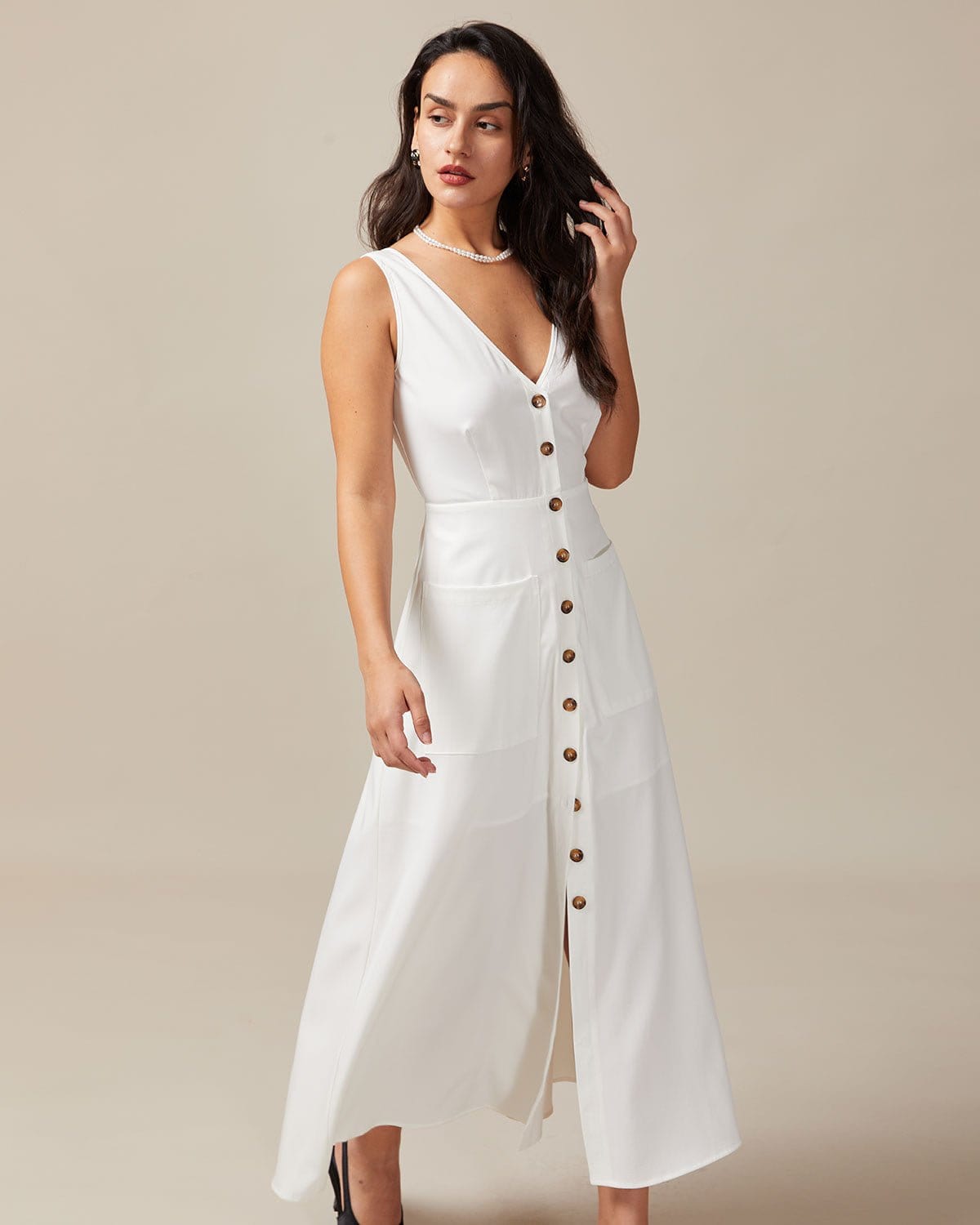 The White V Neck Pocket Sleeveless Maxi Dress- White V Neck Sleeveless ...