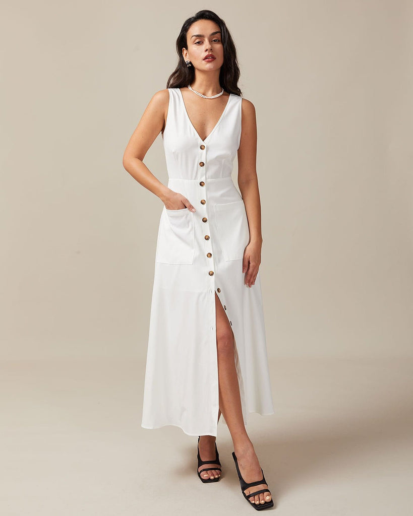 The V-Neck Double Pocket Maxi Dress White Dresses - RIHOAS