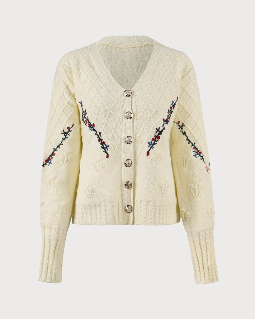 The V-Neck Embroidery Cardigan White Tops - RIHOAS