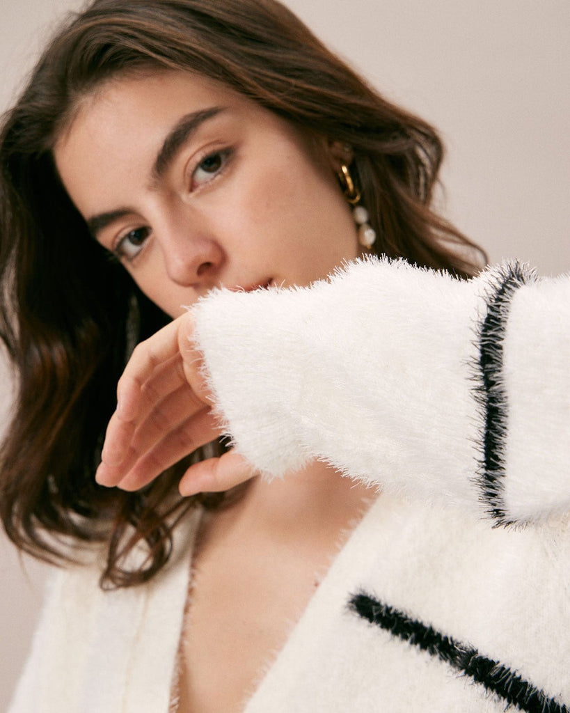 The V-Neck Fluffy Striped Cardigan Tops - RIHOAS