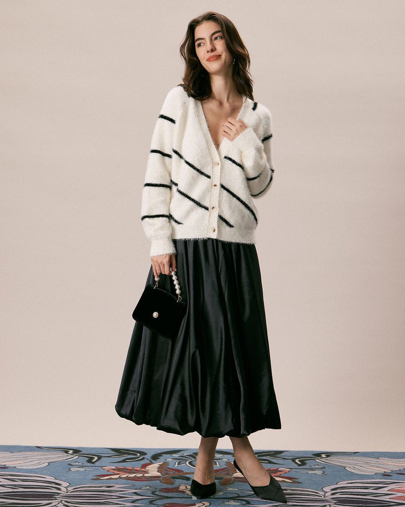 The V-Neck Fluffy Striped Cardigan Tops - RIHOAS