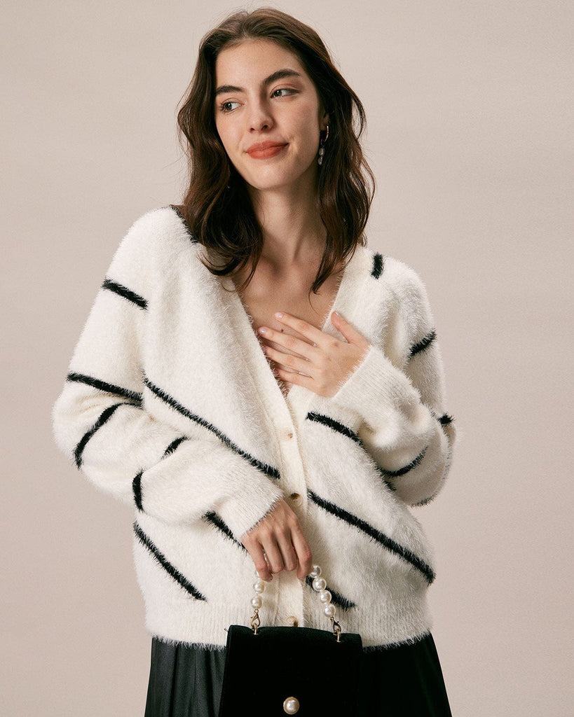 The V-Neck Fluffy Striped Cardigan Tops - RIHOAS