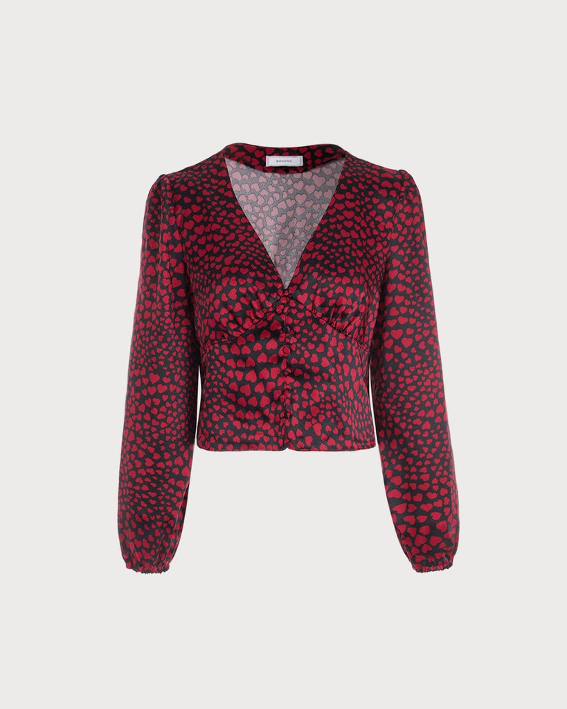 The V-Neck Heart Print Blouse Red Tops - RIHOAS