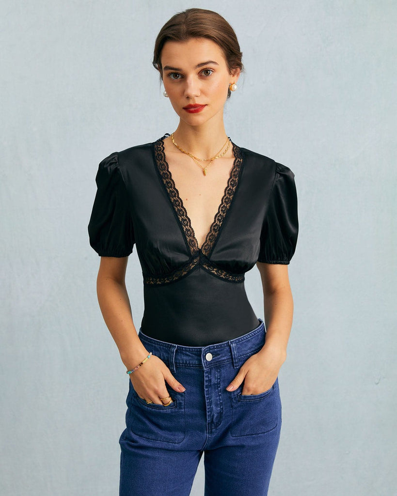 The V-Neck Lace Puff Sleeve Blouse Black Tops - RIHOAS