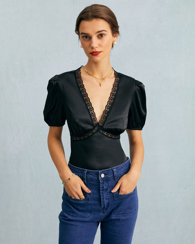 v neck puff sleeve blouse