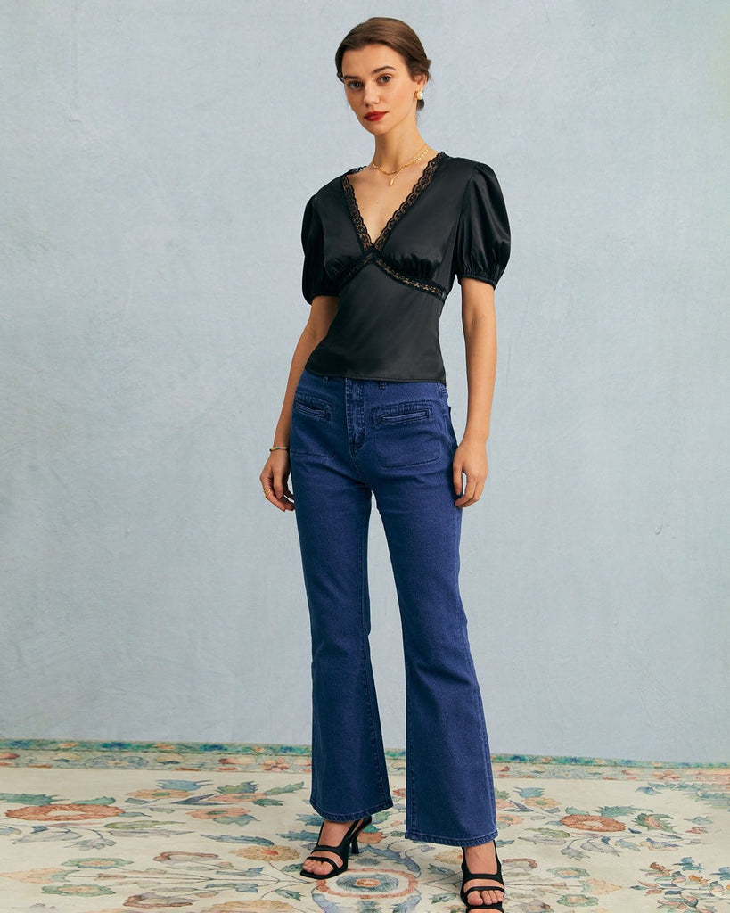 The V-Neck Lace Puff Sleeve Blouse Tops - RIHOAS