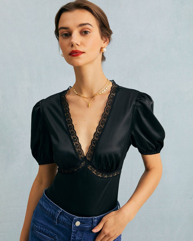 The V-Neck Lace Puff Sleeve Blouse Tops - RIHOAS