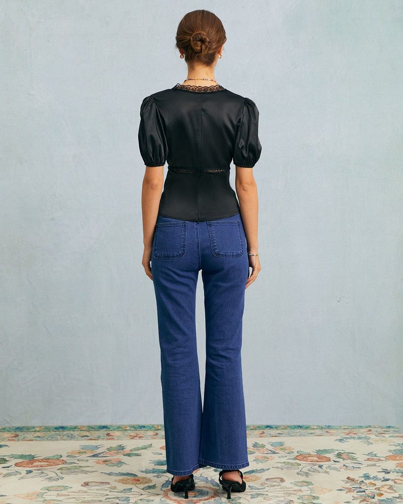 The V-Neck Lace Puff Sleeve Blouse Tops - RIHOAS