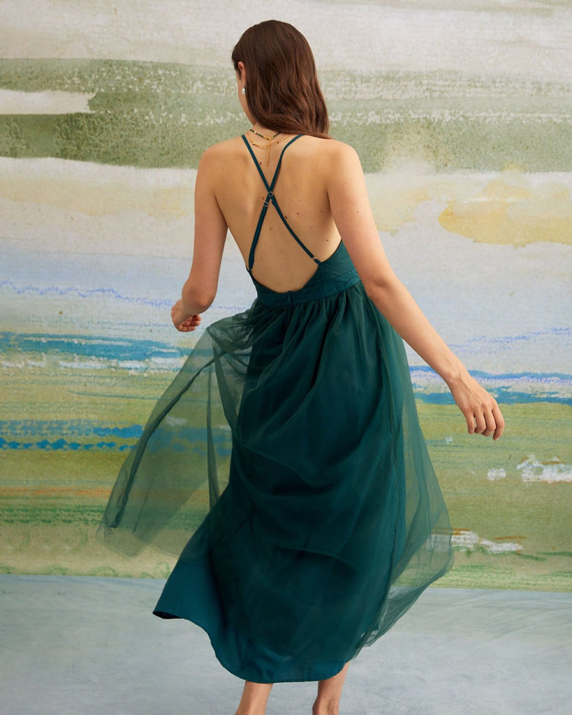 The V-Neck Mesh Maxi Dress Dresses - RIHOAS
