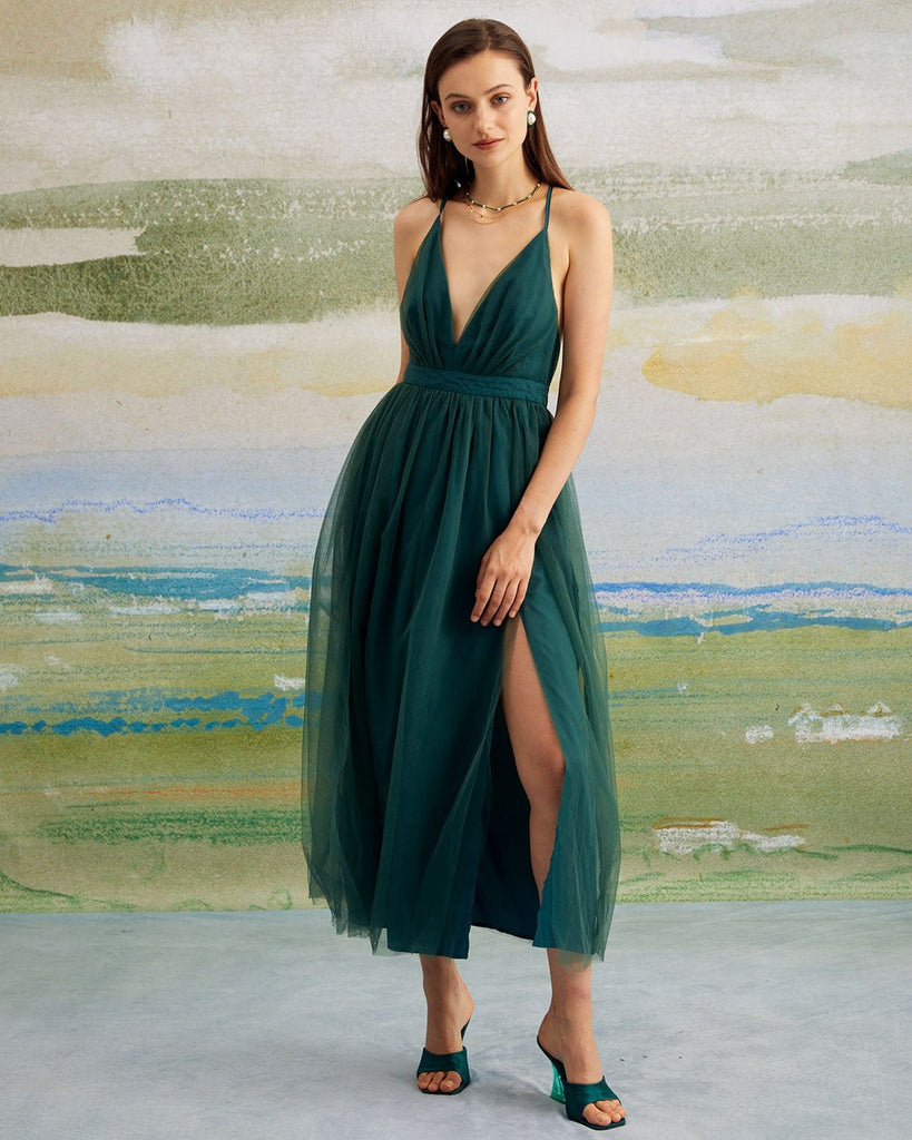 The V-Neck Mesh Maxi Dress Dresses - RIHOAS