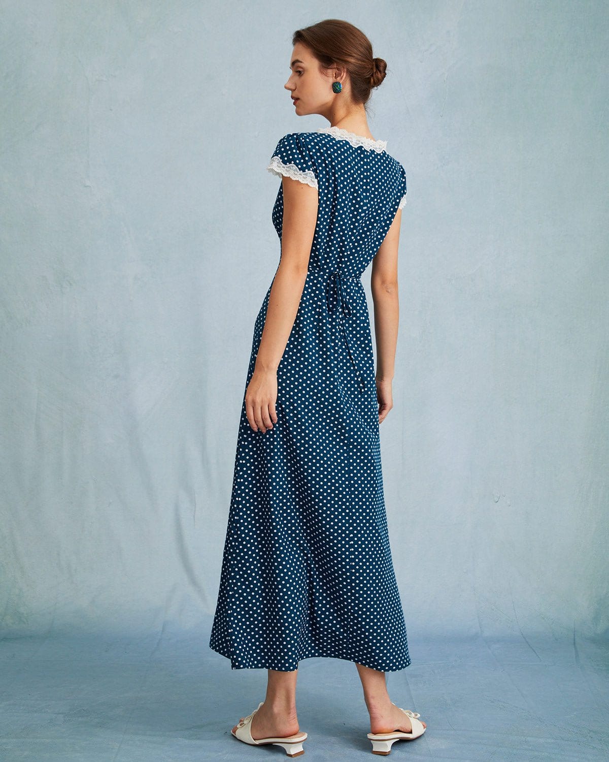 The Navy V Neck Polka Dot Lace Ruched Maxi Dress1