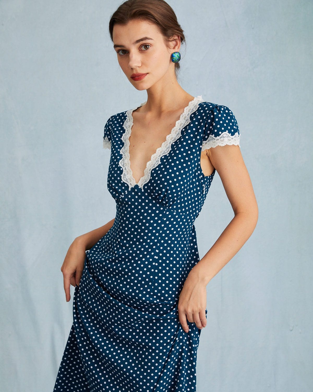 polka dot lace dress The Navy V Neck Polka Dot Lace Ruched Maxi Dress - Women's Navy Polka Dot Cap Sleeve Dress - Navy - Dresses