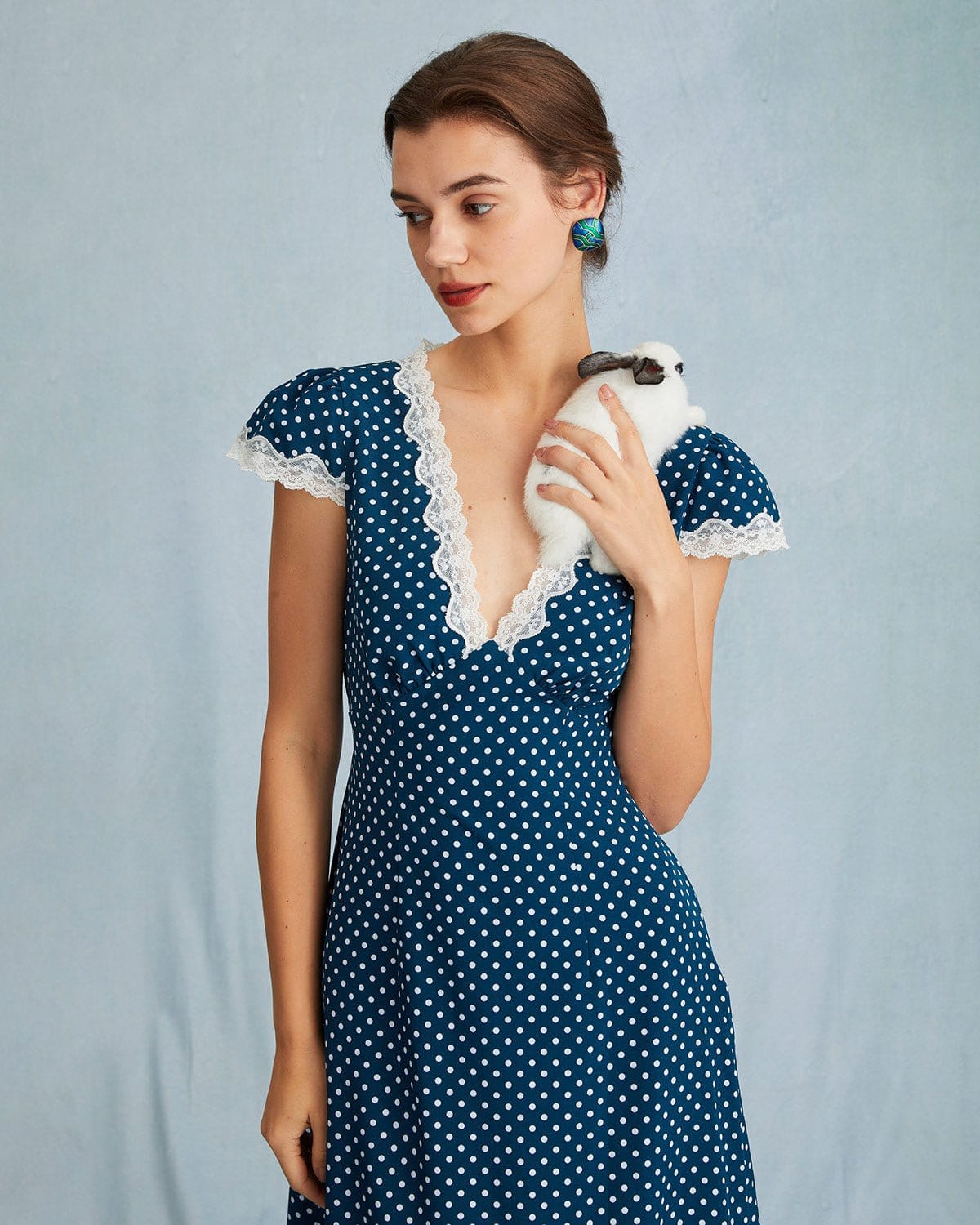 The Navy V Neck Polka Dot Lace Ruched Maxi Dress