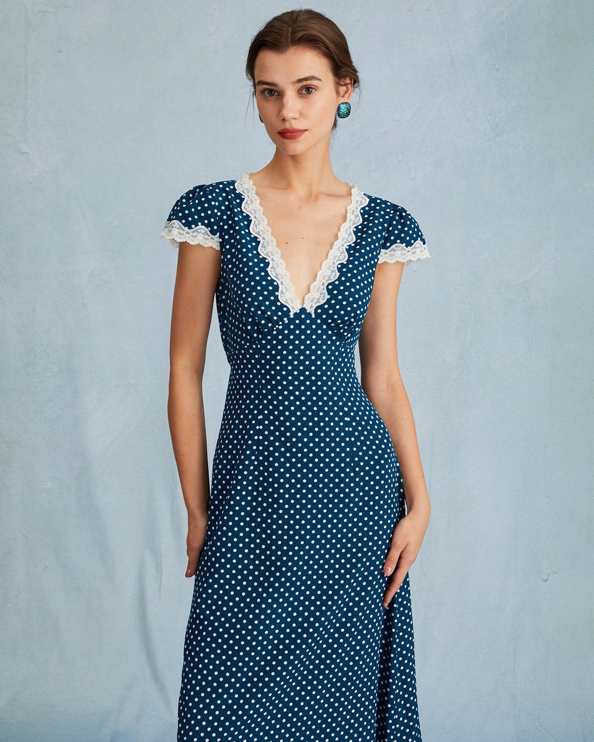 The Navy V Neck Polka Dot Lace Ruched Maxi Dress - Women's Navy Polka Dot  Cap Sleeve Dress - Navy - Dresses