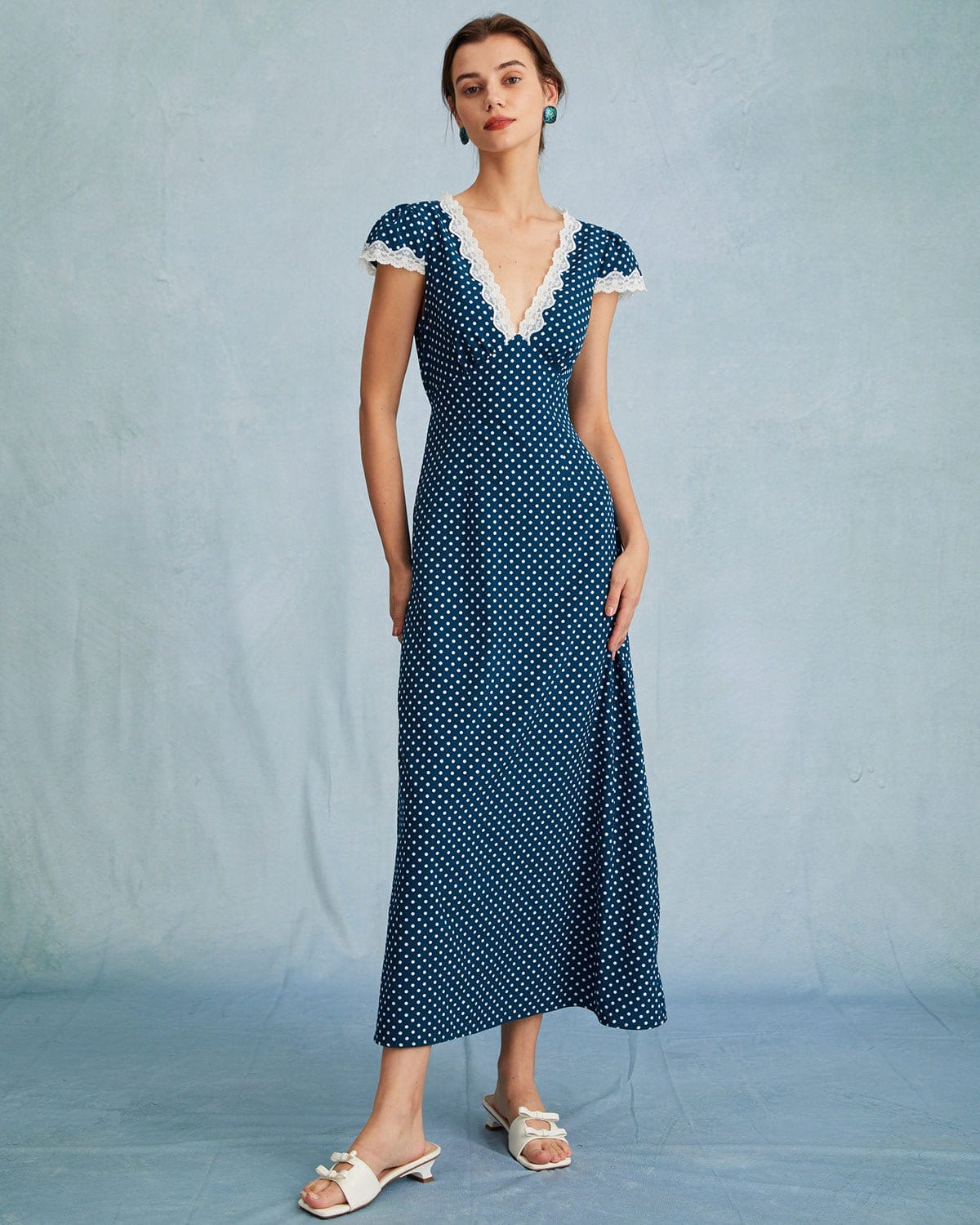 Rihoas Polka Dot Lace Trim V Neck Midi Dress | Cap Sleeve Tea Dress for Wedding Guest, Summer Casual, Tea Party, Navy / L Rihoas Polka Dot Lace Trim V Neck Midi Dress | Cap Sleeve Tea Dress for Wedding Guest, Summer Casual, Tea Party, Navy / L