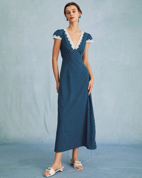 navy blue long dress with sleeves The Navy V Neck Polka Dot Lace Ruched Maxi Dress - Women's Navy Polka Dot  Cap Sleeve Dress - Navy - Dresses