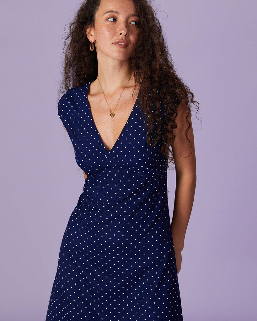 The V-Neck Polka Dot Midi Dress Dresses - RIHOAS