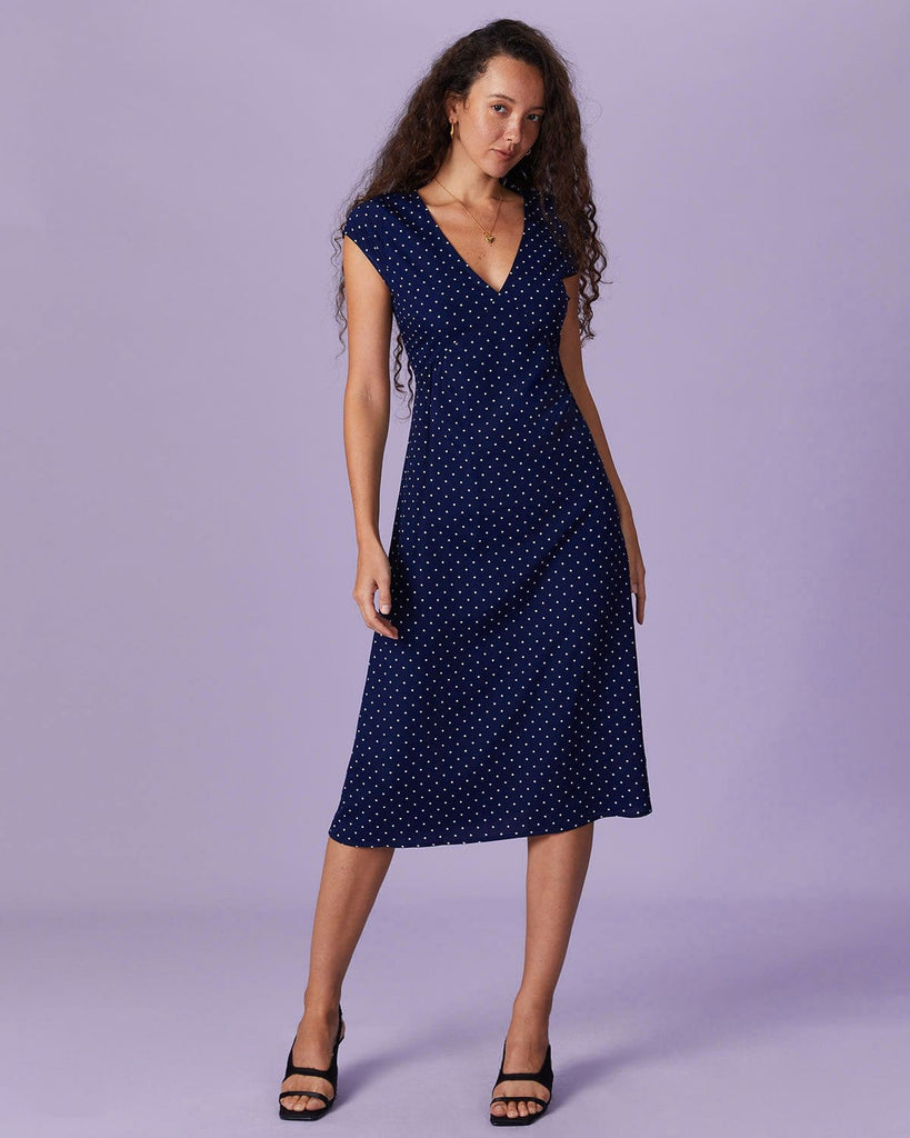 The V-Neck Polka Dot Midi Dress Dresses - RIHOAS