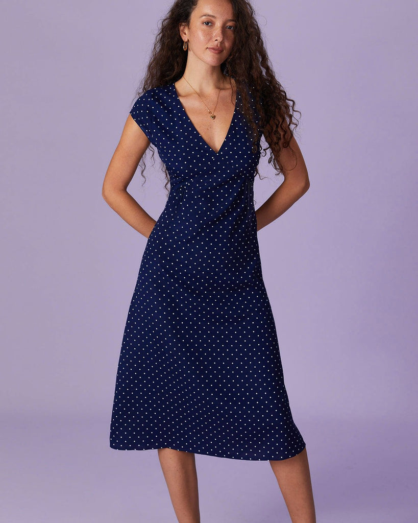 The V-Neck Polka Dot Midi Dress Dresses - RIHOAS