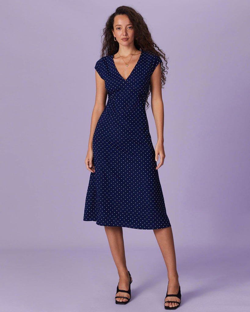 The V-Neck Polka Dot Midi Dress Navy Dresses - RIHOAS