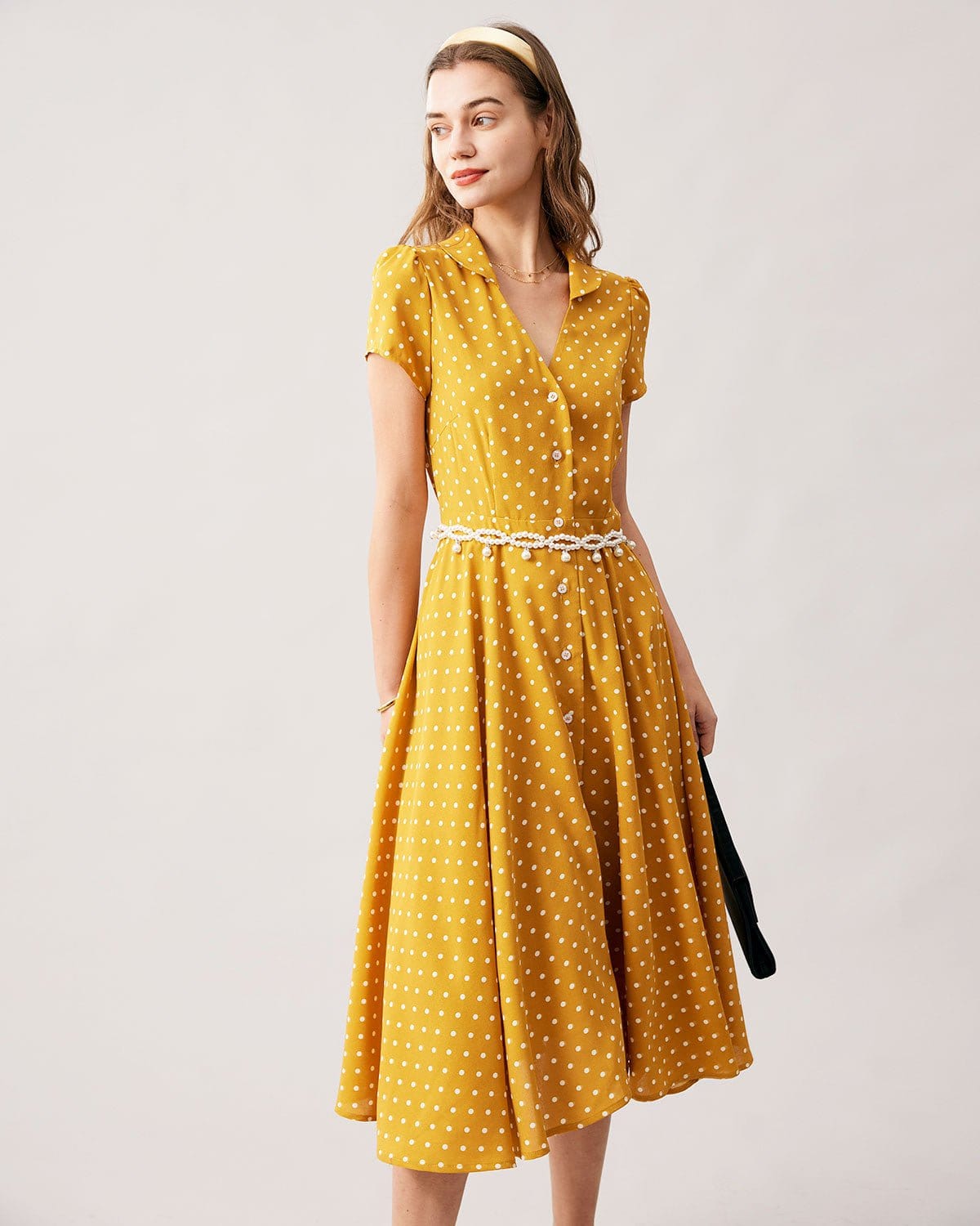 The Yellow V Neck Polka Dot Short Sleeve Midi Dress & Reviews - Yellow ...