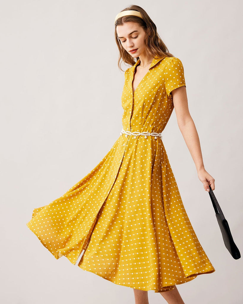 The V-Neck Polka Dot Swing Dress Yellow Dresses - RIHOAS