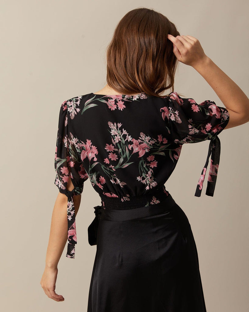 The V-Neck Puff Sleeve Floral Blouse Tops - RIHOAS