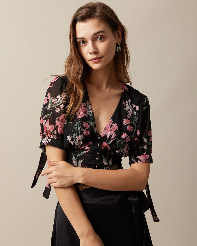 The V-Neck Puff Sleeve Floral Blouse Tops - RIHOAS