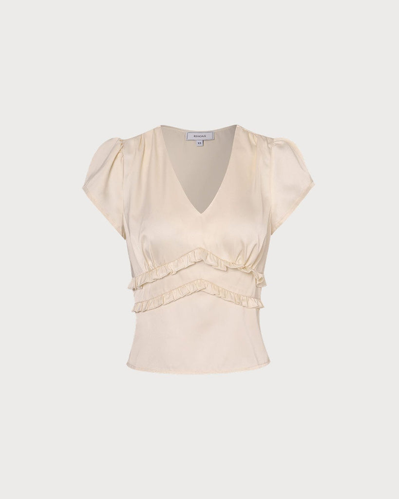 The V-Neck Ruffle Cap Sleeve Blouse Apricot Tops - RIHOAS