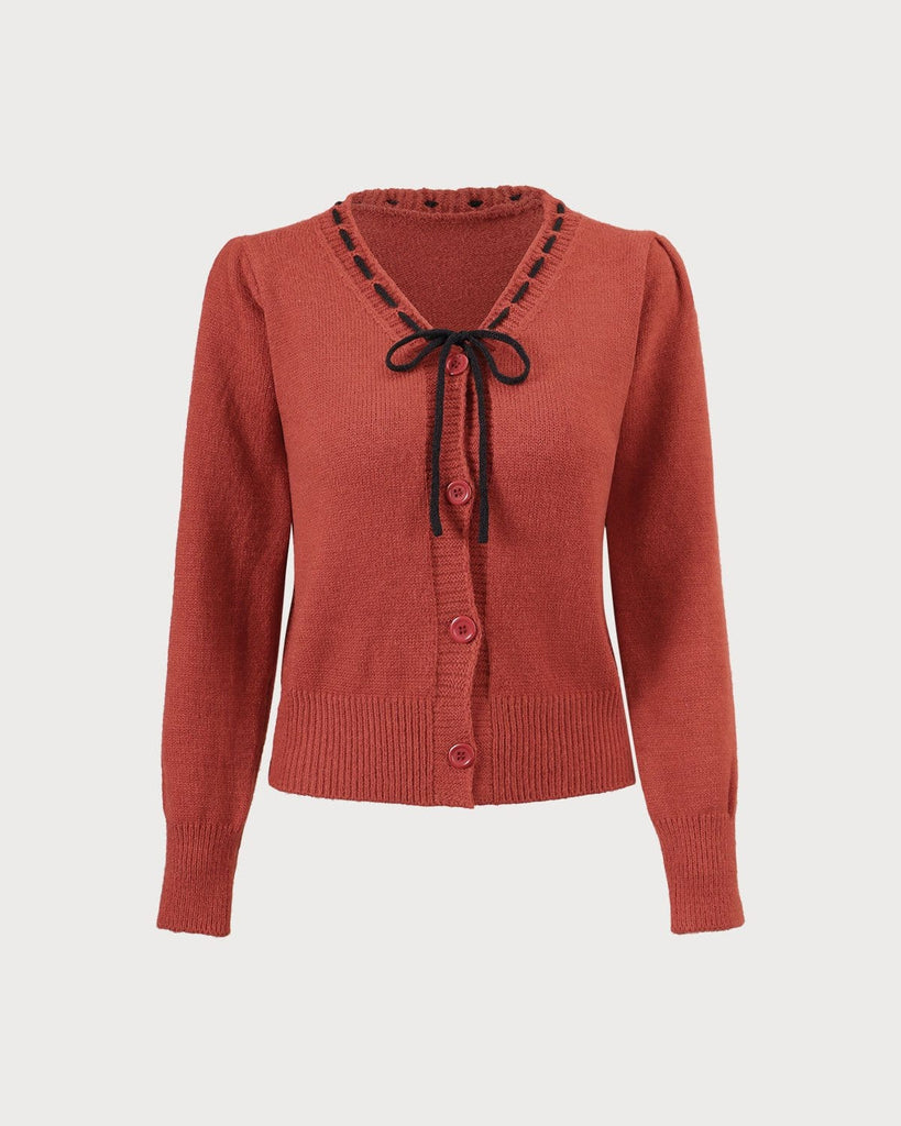 The V-Neck Tie Button Cardigan Red Tops - RIHOAS
