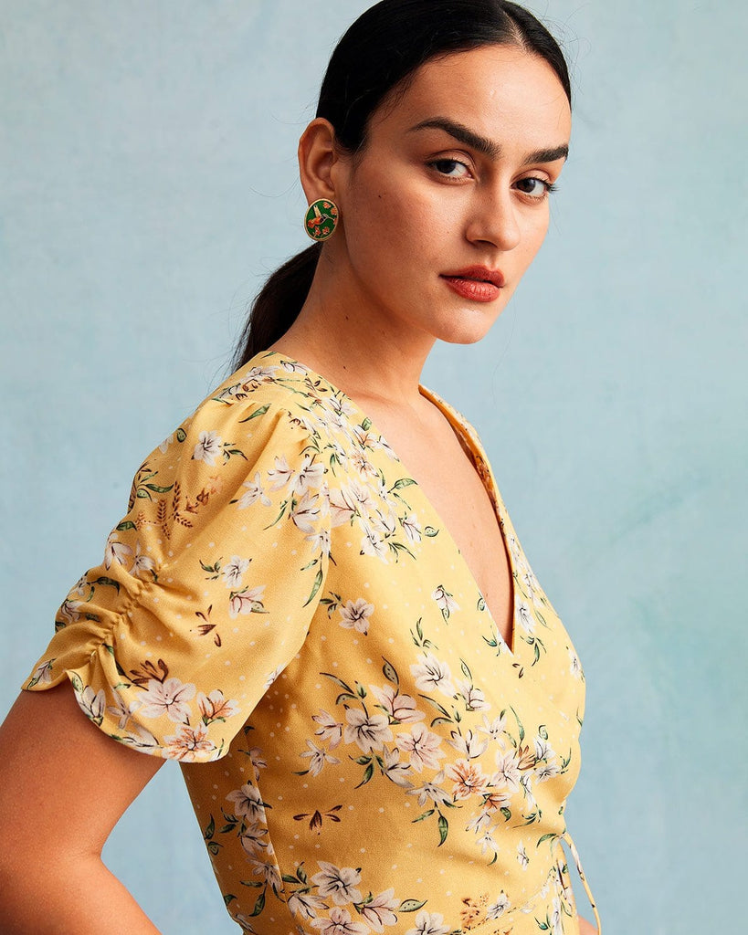 The V-Neck Wrap Floral Blouse Tops - RIHOAS