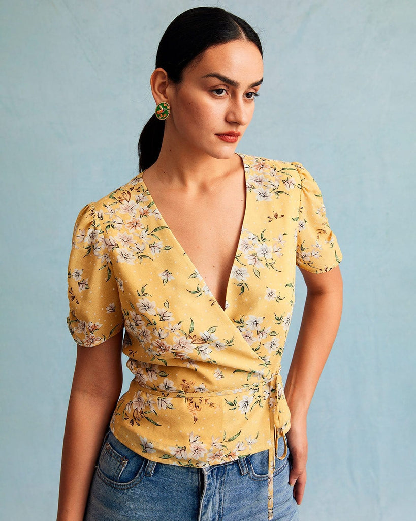 The V-Neck Wrap Floral Blouse Tops - RIHOAS