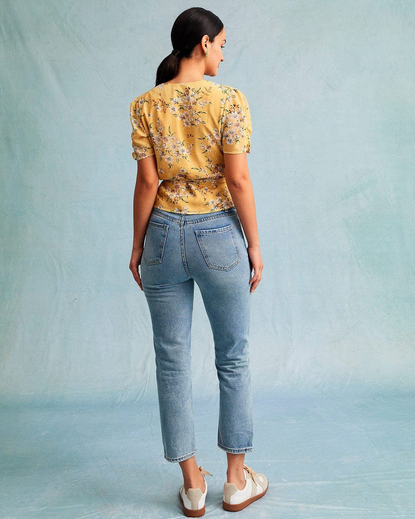 The V-Neck Wrap Floral Blouse Tops - RIHOAS