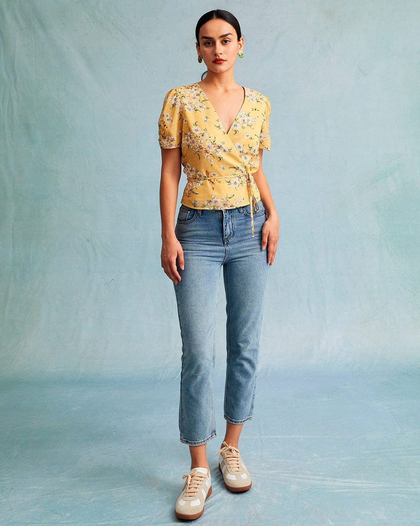The V-Neck Wrap Floral Blouse Tops - RIHOAS
