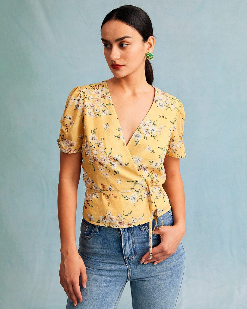 The V-Neck Wrap Floral Blouse Yellow Tops - RIHOAS