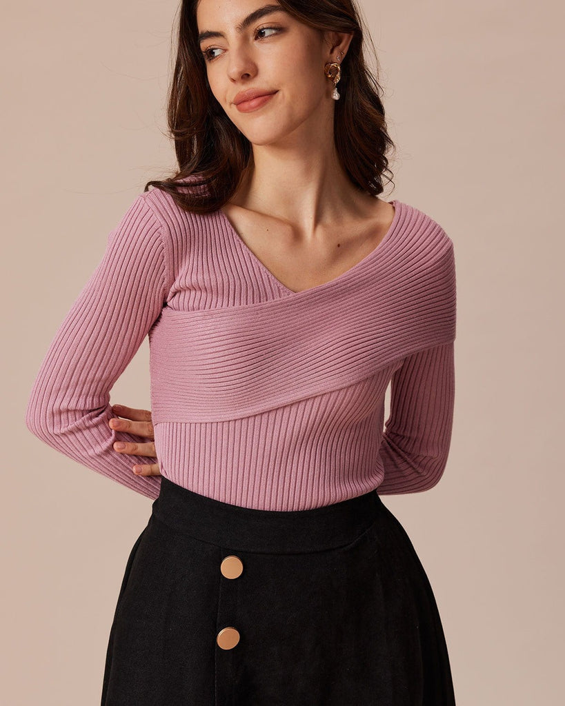 The V-Neck Wrap Front Knitted Top Pink Tops - RIHOAS