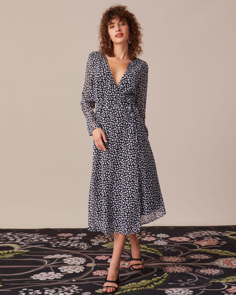 The V Neck Floral Long Sleeve Wrap Dress Dresses - RIHOAS