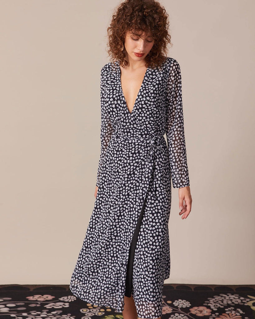 The V Neck Floral Long Sleeve Wrap Dress Dresses - RIHOAS