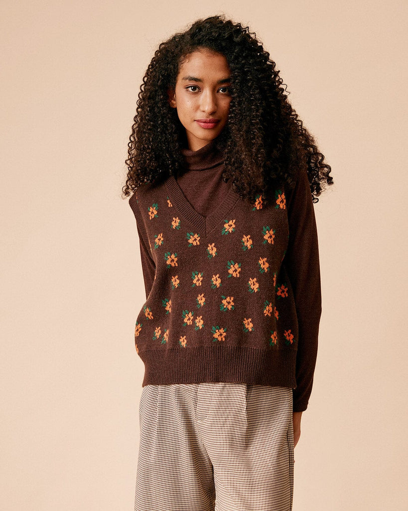 The V Neck Floral Sweater Vest Coffee Tops - RIHOAS