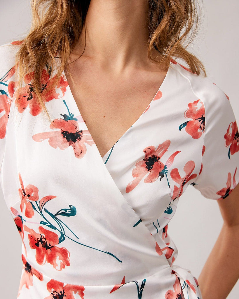 The V-neck Floral Wrap Mini Dress Dresses - RIHOAS