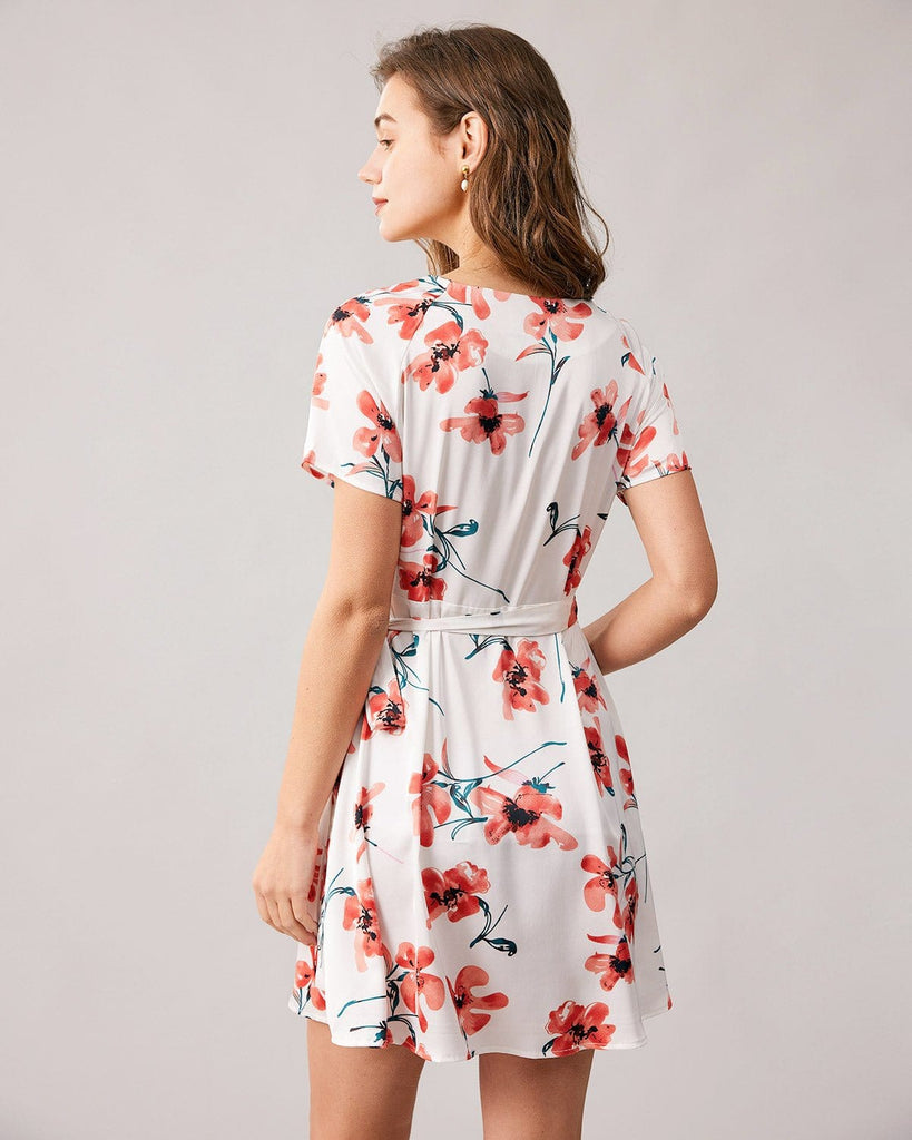 The V-neck Floral Wrap Mini Dress Dresses - RIHOAS