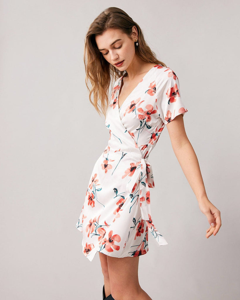 The V-neck Floral Wrap Mini Dress Dresses - RIHOAS