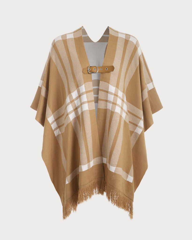 The V Neck Plaid Cape Khaki Outerwear - RIHOAS