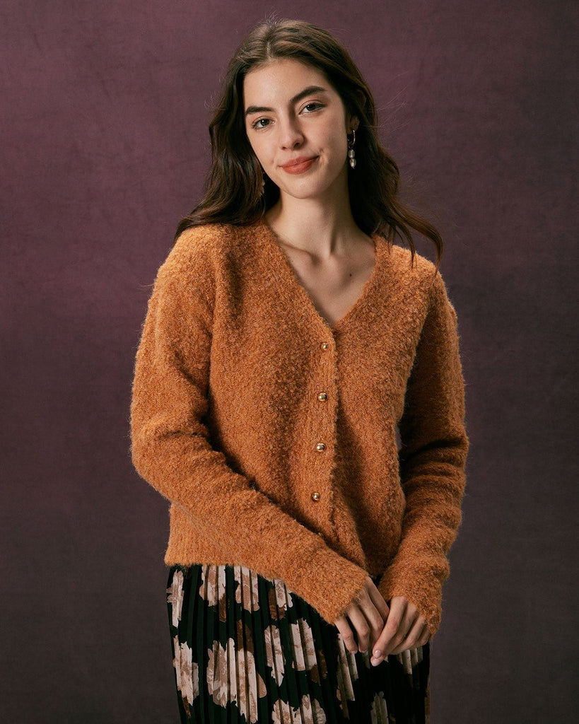 The V Neck Solid Fluffy Cardigan Orange Tops - RIHOAS