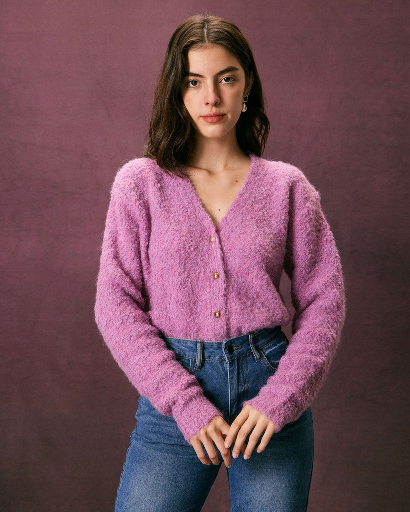 The V Neck Solid Fluffy Cardigan Purple Tops - RIHOAS